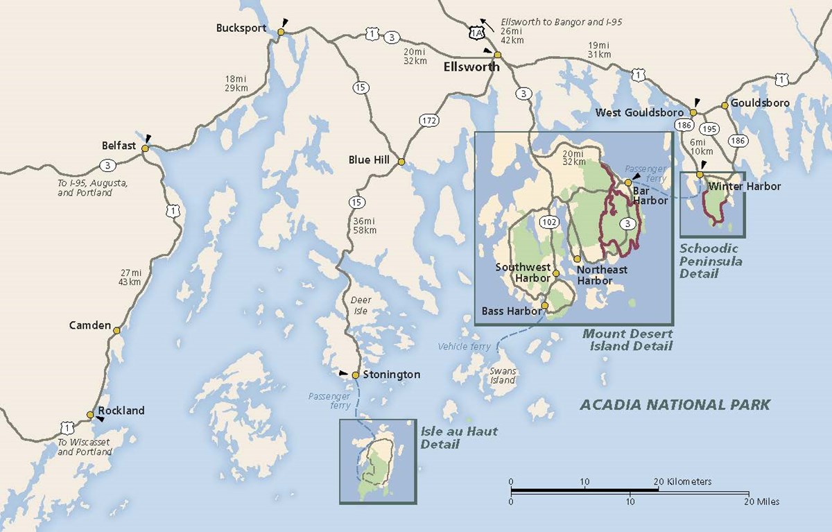 Map of region surrounding Acadia National Park