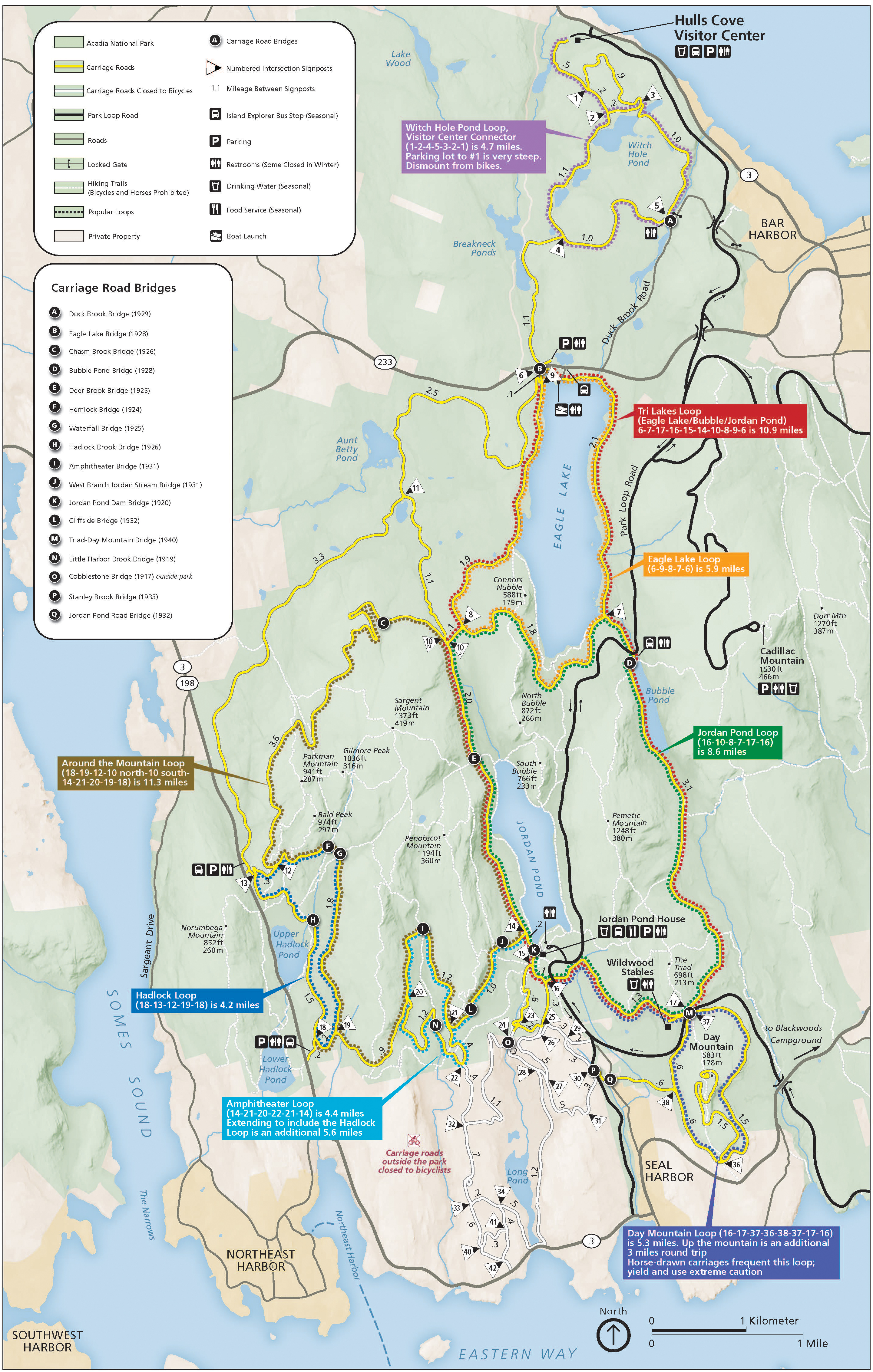Map of the historic carriage road network in Acadia National Park