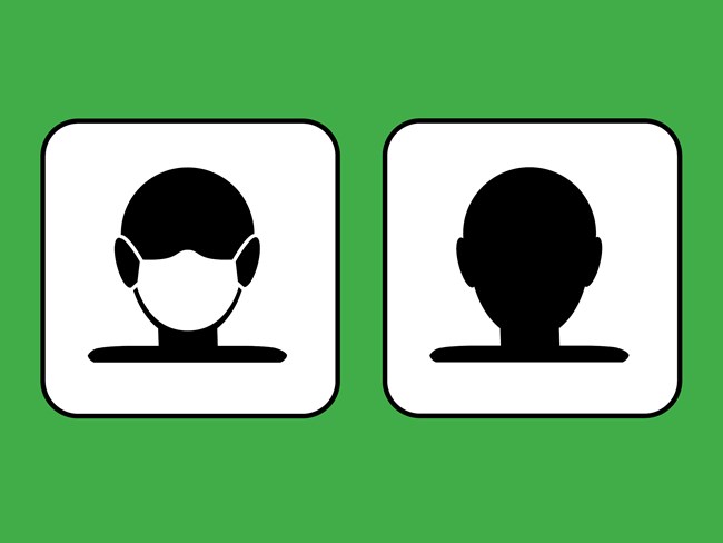 Graphic with green background and two pictographs with and without masks