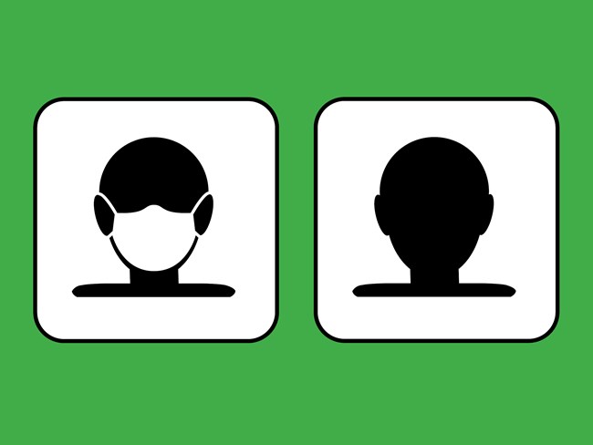 Graphic with green background and two pictographs with and without masks Graphic with green background and two pictographs with and without masks