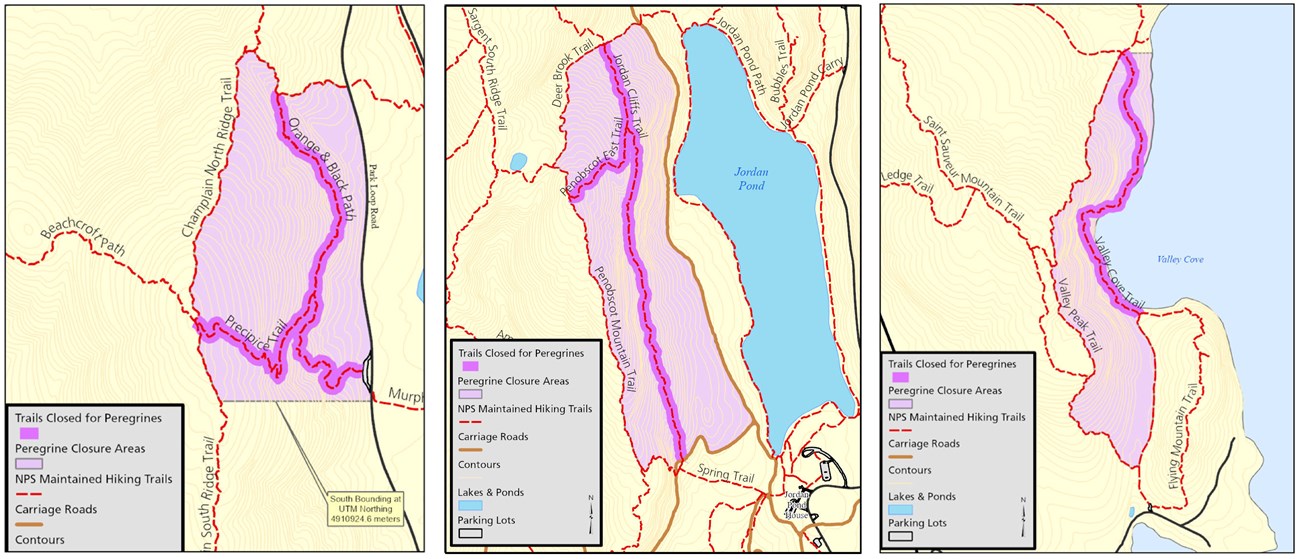 Composite graphic of three maps indicating closure areas for peregrine falcon nesting