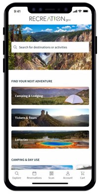 Mobile device displaying Recreation.gov app