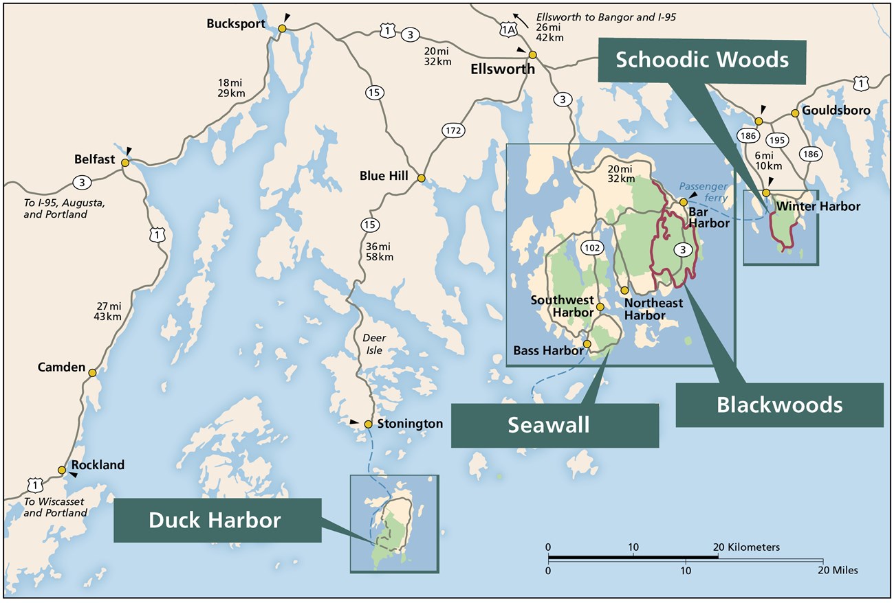 Regional map of Acadia indicating locations of four campgrounds