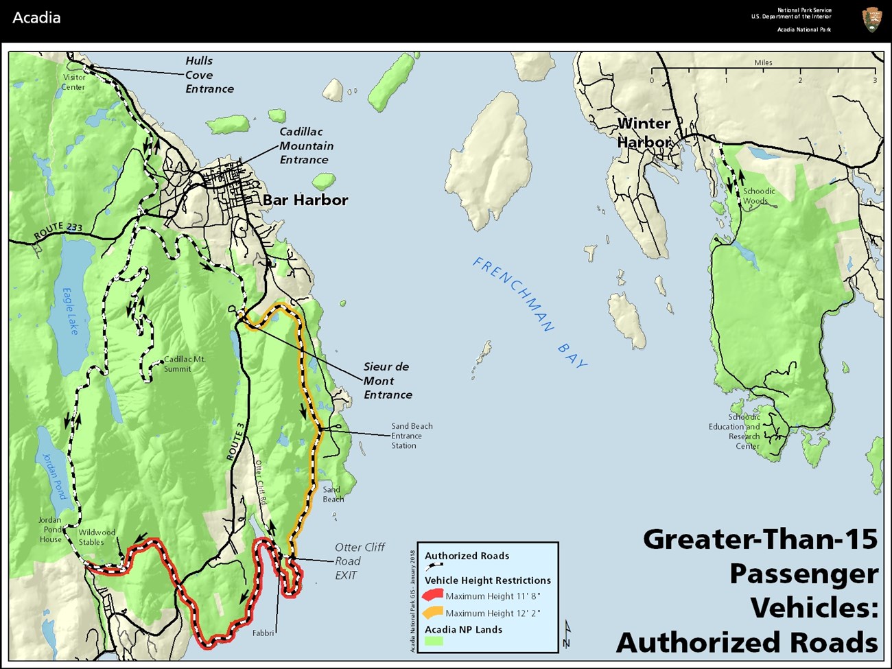 The Park Loop Road and the Schoodic District Road are labeled with different height restrictions within the park.