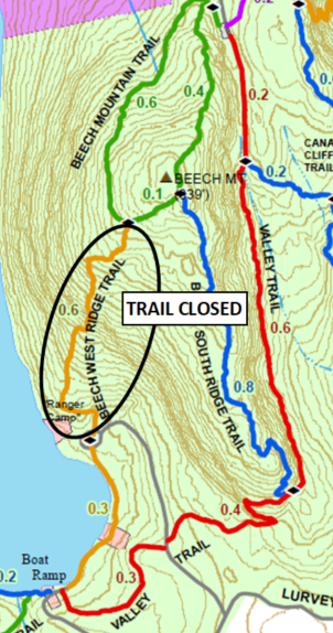 Image of map showing Beech West Ridge Trail closure