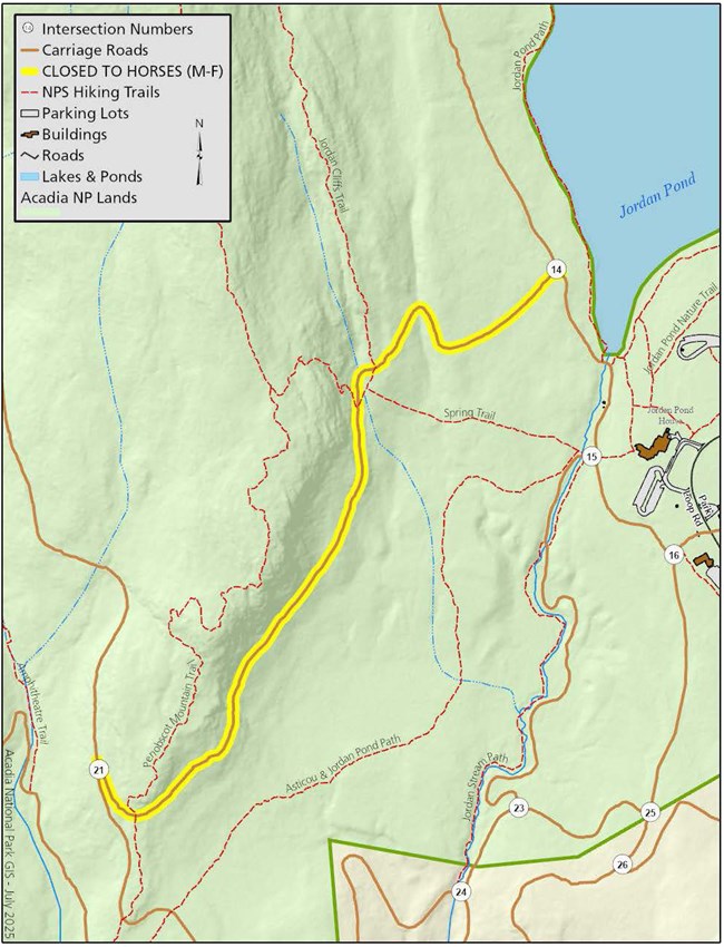 Map of a park area with a segment of carriage road highlighted in bright yellow