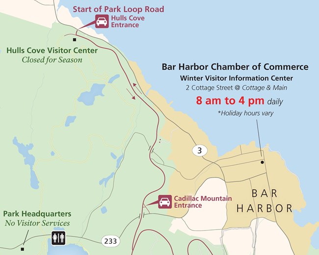 Map of downtown Bar Harbor area with highlighted destinations