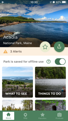 screenshot of phone screen showing images of acadia as links to park information