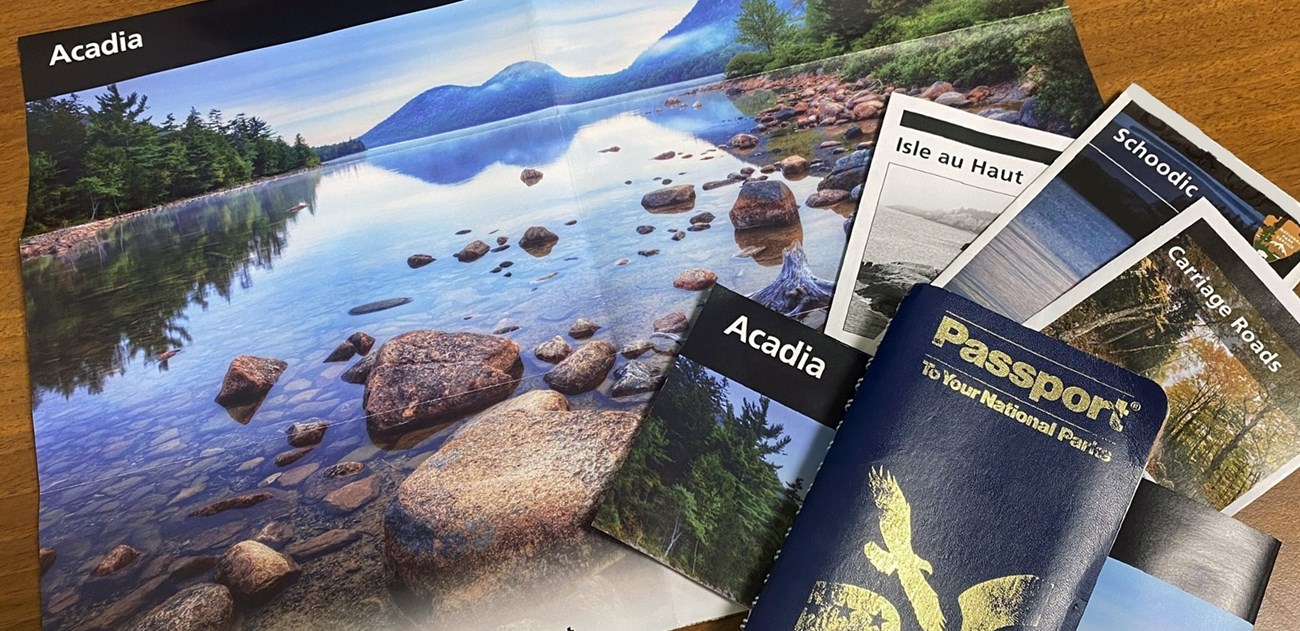 A dark blue book with gold text lays atop a variety of Acadia maps and borchures.