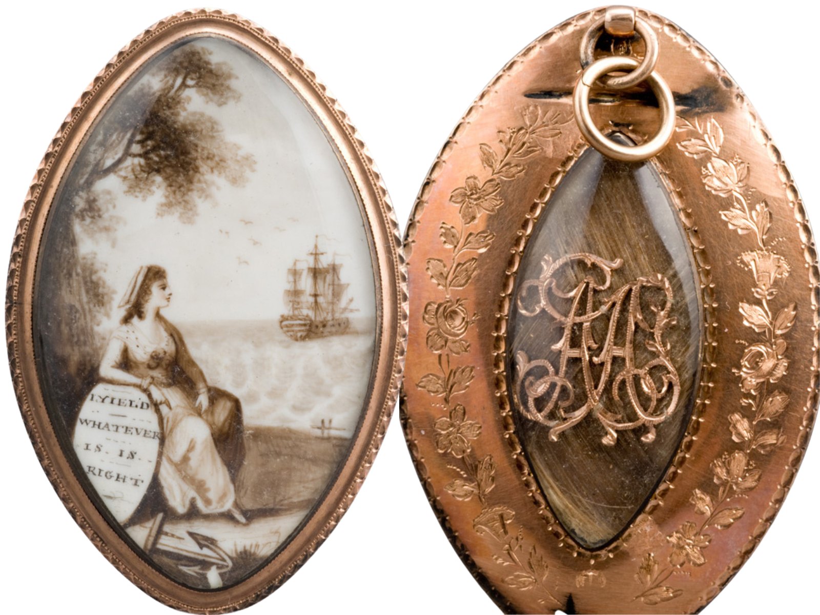Front and Back of Abigail's Locket Front of an oval shaped locket, depicting a woman sitting on a beach looking out toward a ship at sea. And the back side, containing the initials “AA” and filled with braided human hair.