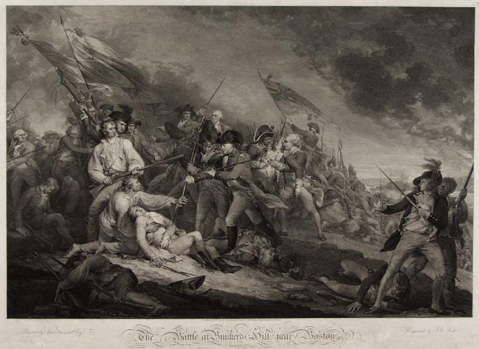 The Battle of Bunker Hill Black and white engraving depicting the death of General Joseph Warren by British soldiers at the Battle of Bunker Hill. Warren lays slain on the ground with a bayonet pointed at him. American soldiers aim their muskets at British officers.