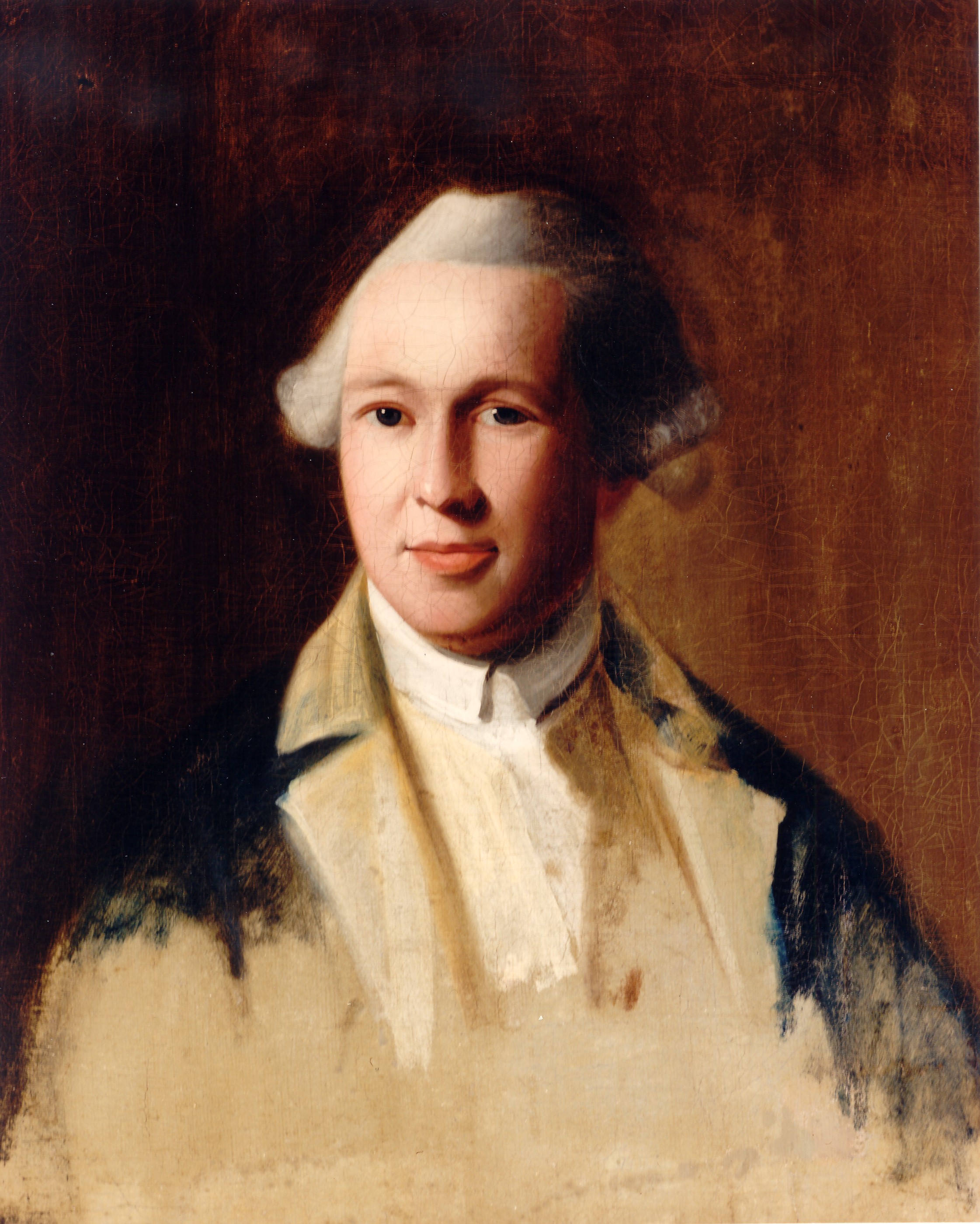 A man wearing a white wig and blue coat with beige lapel sits in front of a dark red background. The portrait is unfinished, brushstrokes end at his chest. 