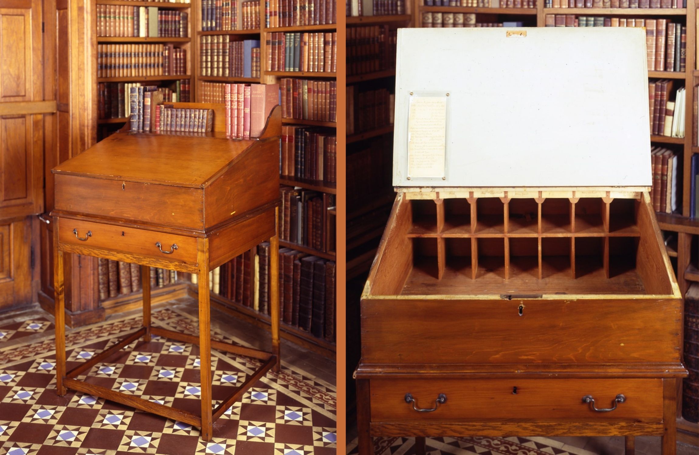 John Adams' Law Desk John Adams' law desk. Closed with books on top on the left and open with labels visible on the right.