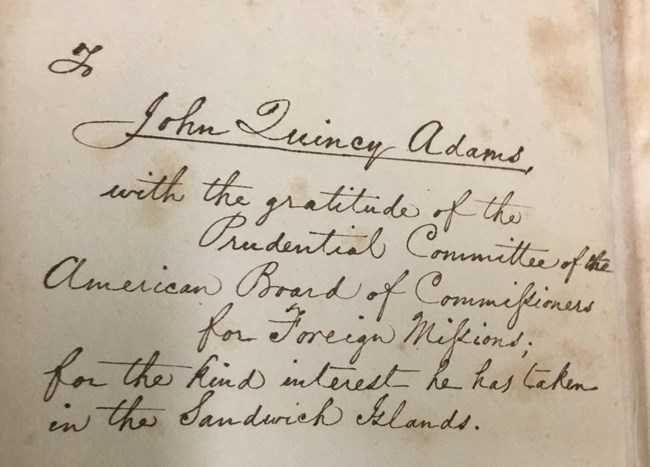 Annotation on inside of book reads "John Quincy Adams - with the gratitude of the Presidential Committee of the American Board of Commissioners for Foreign Missions."