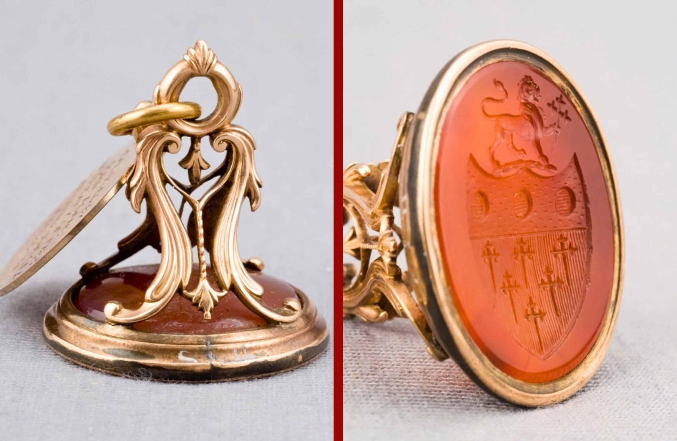 Top and bottom views of a gold envelope seal resting on a grey background. The handle is ornate and is attached to a flat bottom pressed with the Boylston family coat of arms.