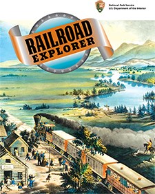 Historical mock up of a train going through a western town.  Image states "Railroad Explorer" on the top.