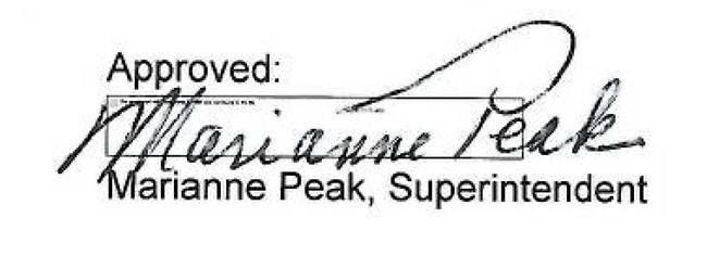 Signature of Marianne Peak, Superintendent of Adams National Historical Park