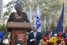 Maya Angelou at podium, Mayor Bloomberg, Nadler October 2003 ceremony