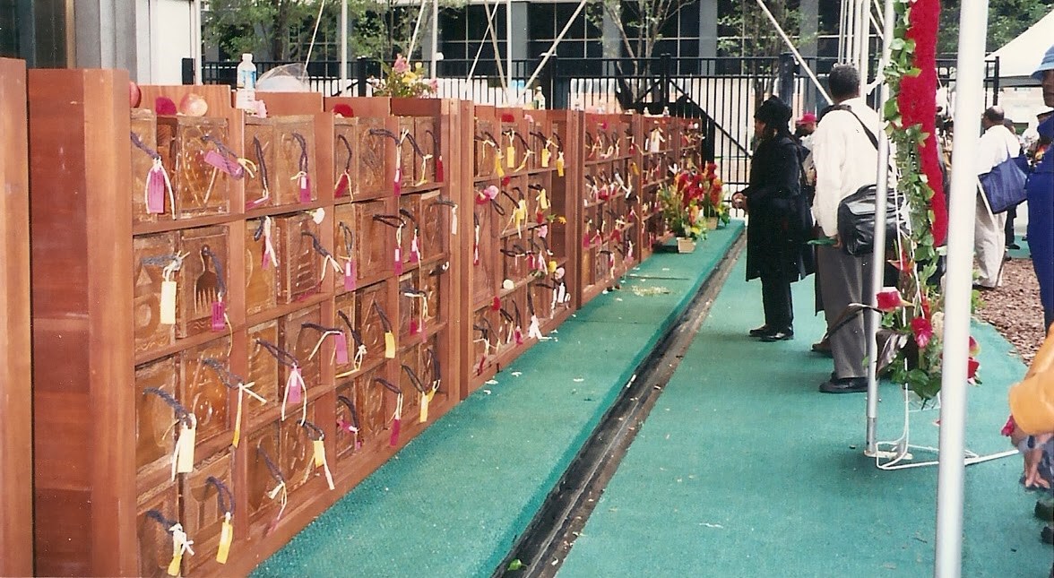 Coffins on display at the location of our present-day memorial prior to their reinterment.