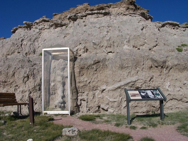 A rock formation in the shape of a vertical spiral corkscrew within a rectangular glass case sits in the side of a low hill. A sign stands to the right, and a bench to the left.