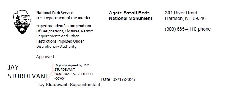 The heading of the 2025 Agate Fossil Beds National Monument Superintendent's Compendium with digital signature.