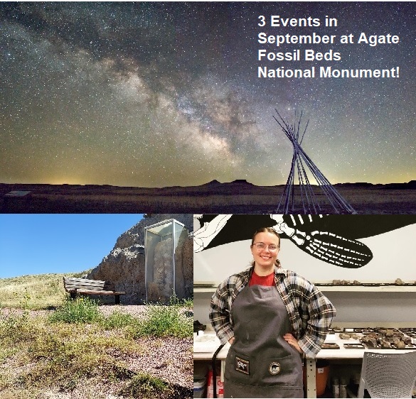 Sept events 3 separate pictures cropped together with the text "3 events in September at Agate Fossil Beds National Monument."