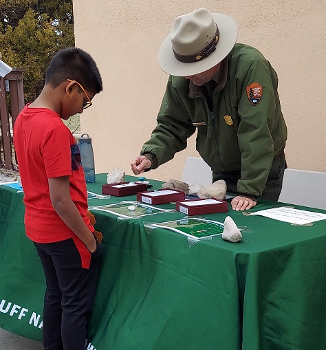 A ranger in uniform and a young boy stand on opposite sides of a table with a green tablecloth. Several containers of rocks lie on the table.