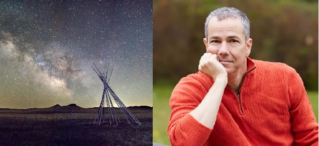 Milky Way over the Fossil Hills & NE State Poet, Matt Mason. Gaseous band of stars over the Fossil Hills and tipis on left & white male poses outside on right.