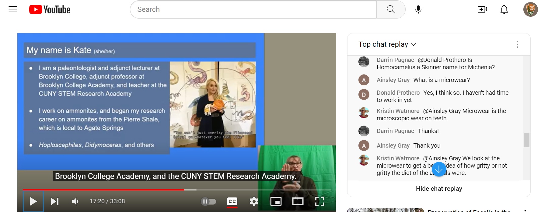 YouTube Premiere Clip Screenshot from Agate's YouTube Channel. Presentation with slide title, "My name is Kate (she/her) on the left & chat record on right.