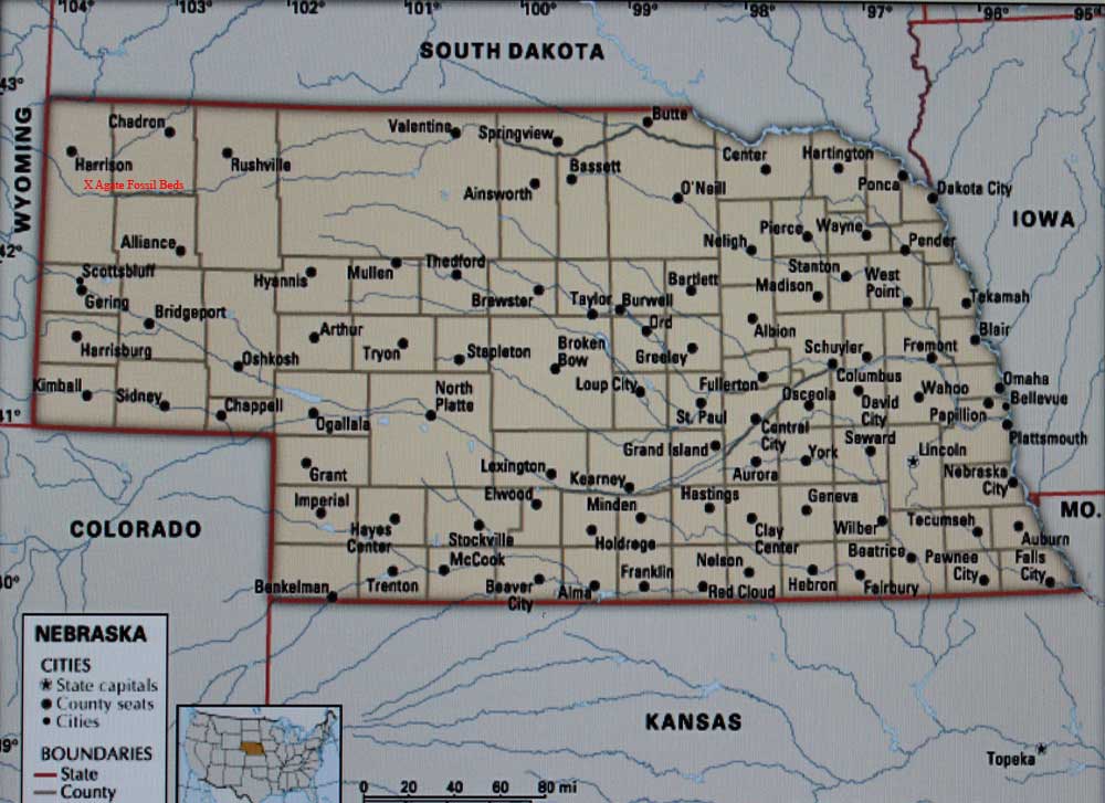 Map of Nebraska with Agate Fossil Beds in red. Map of Nebraska with Agate Fossil Beds in red.