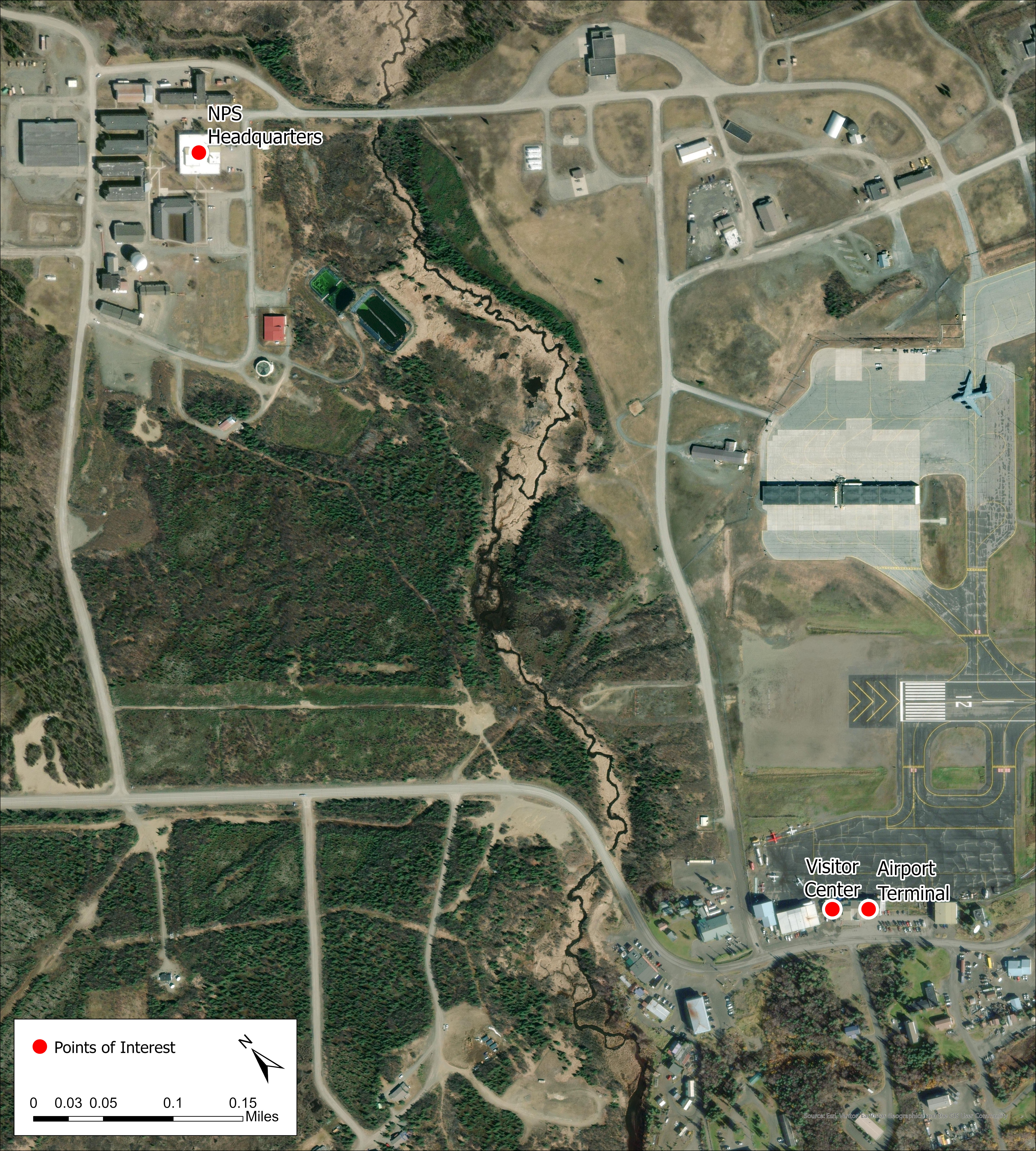 A satellite image of the King Salmon Airforce Base showing Alagnak's headquarters in relation to the King Salmon Airport