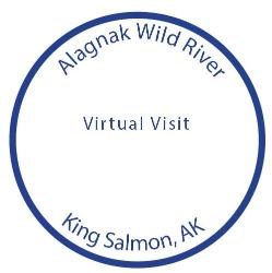 blue circle with blue text reading "Alagnak Wild River Virtual Visit King Salmon, AK"