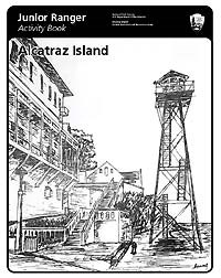 Illustration of guard tower and building. Text reads: "Junior Ranger Activity Book Alcatraz Island"