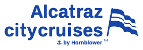 Alcatraz City Cruises logo with graphic of flag and anchor and text that reads "by Hornblower"