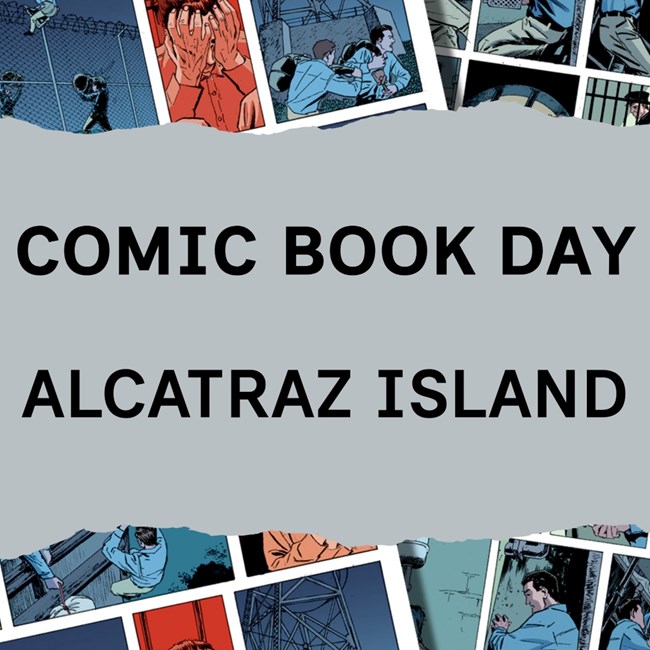 Comic book strips showing blue and orange illustrations of men in a prison.