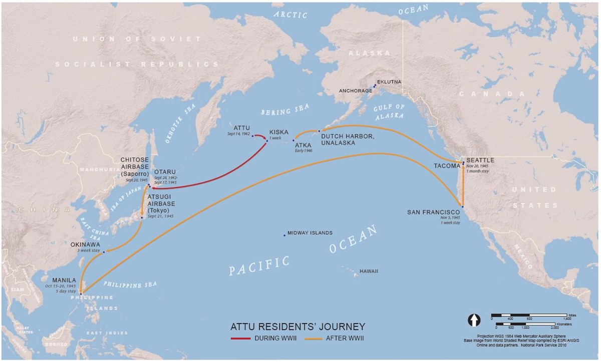 Map of US, Alaska, and USSR with red arrows indicating residents' movement during World War II from Attu to Japan, and yellow arrows after from Japan to San Francisco, Tacoma, Dutch Harbor, and Atka from 1945-1946.