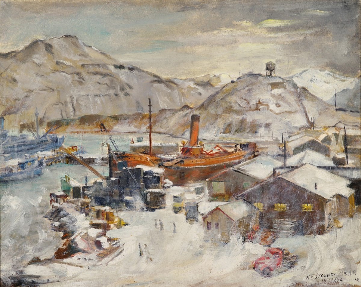 The rusted and scorched hulk of the bombed barracks ship Northwestern is part of the Dutch Harbor scene as is the whirling snow shipped up by constant williwaw, the eccentric and unpredictable winds of the Aleutians. At the extreme left is a cargo ship.
