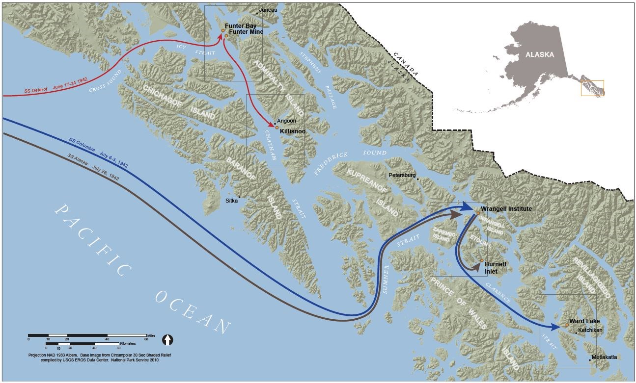 Close up of relocation camps with red, blue, and brown arrows with boat names and dates.