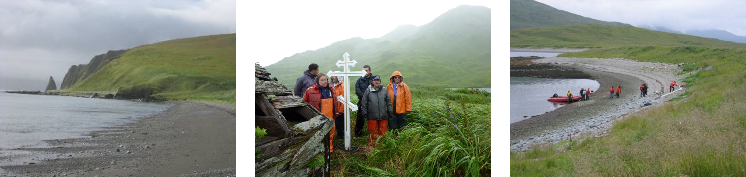 Three photos of similar rainy landscapes, with shore, grass, and people in the center one.