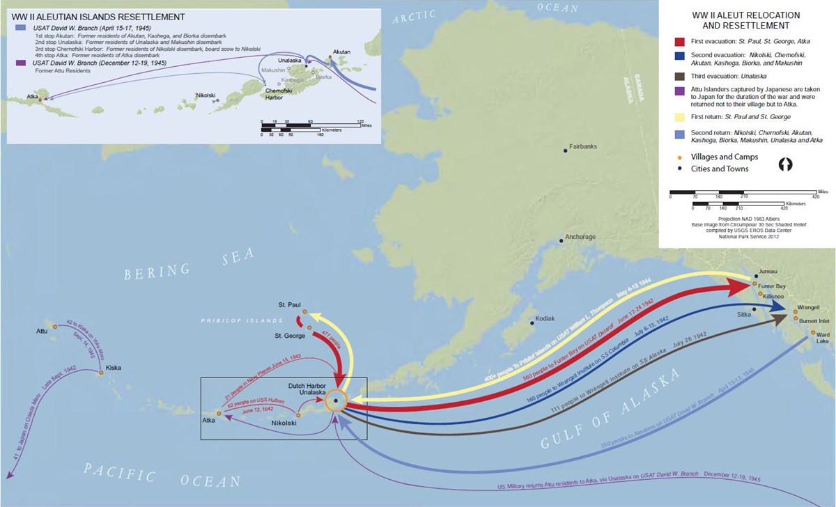 Map spanning the Bering Sea, Pacific Ocean, and Gulf of Alaska showing routes from Aleutian Islands to six locations in southeast Alaska
