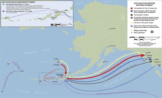 map of Alaska depicting routes from Aleutian Islands to Southeast Alaska