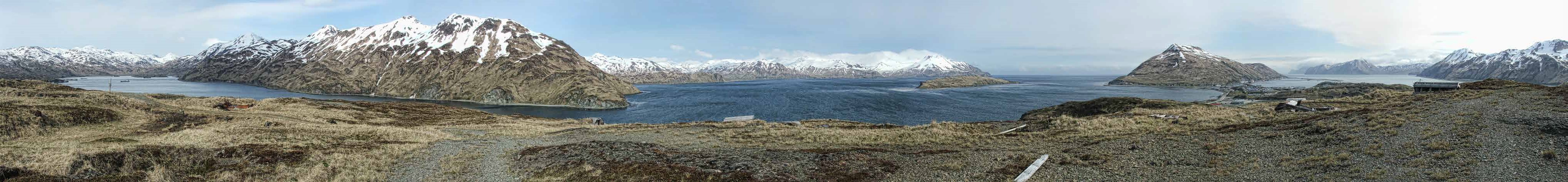 snow-capped mountains stretch out in every direction, with icy ocean water meeting their base in deep-blue bays.