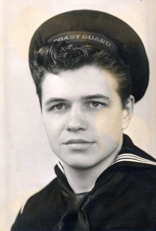 David Hendrickson portrait a young man in a sailor uniform with a hat that says "Coast Guard"