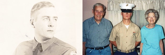 Composite image of 1940s era of Mel Mickelson and Mel, his wife, and uniformed grandson in 2007