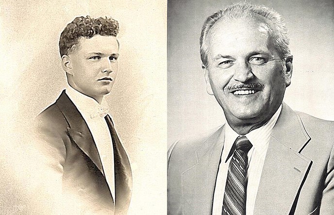 Lucien a composite image. left: a portrait of a young man in a tuxedo. right: an older man in suit coat and tie.