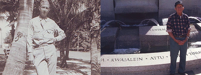 composite photo - historic photo of Edward Novak next to a palm tree, in uniform; and modern photo of Edward next to a monument bearing the names of campaigns, including Attu