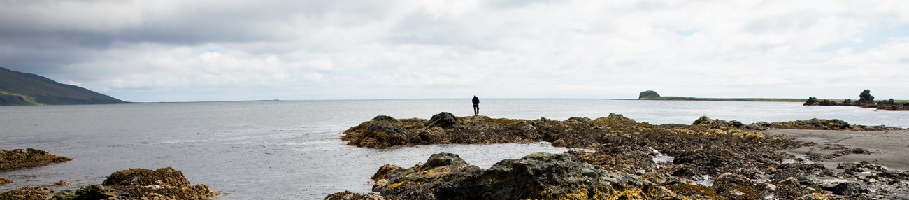 a person in the distance stands on a rocky spit overlooking a wide ocean bay.