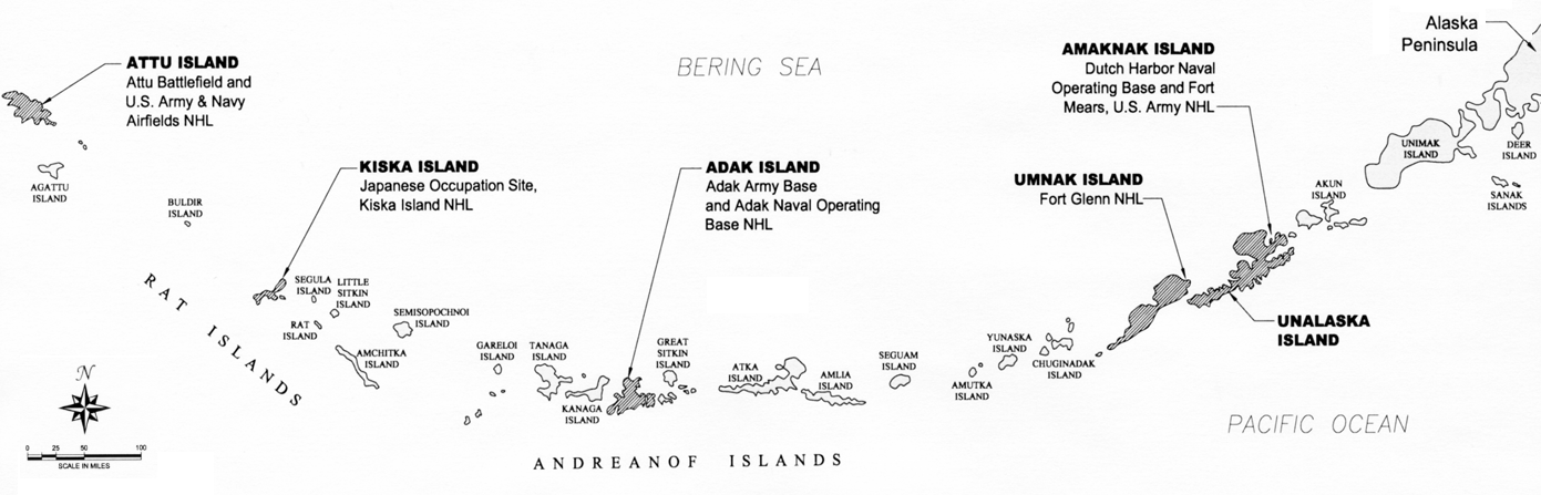 a map identifying a long string of sequential islands and where one can find WWII-era points of interest within the island chain.