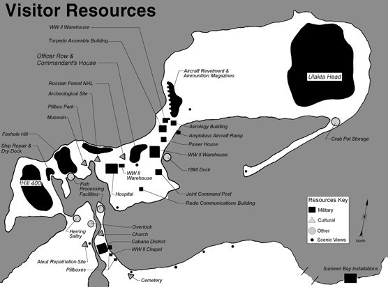 a black and white map identifies 33 points of interest in a historic area located on an oblong island.