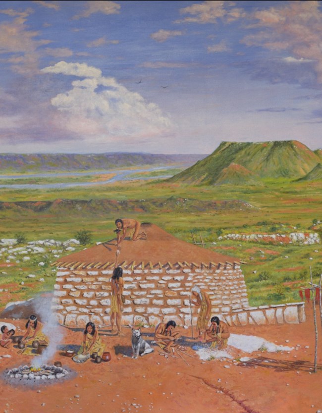 Oil painting of Antelope Creek Culture based on the most recent archeological findings.